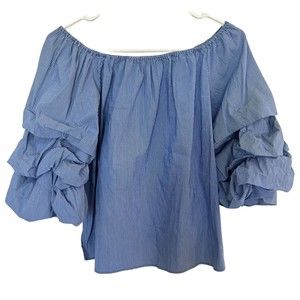 Zara Woman Blue Stripe Off Shoulder Ruffle 3/4 Sleeve XS